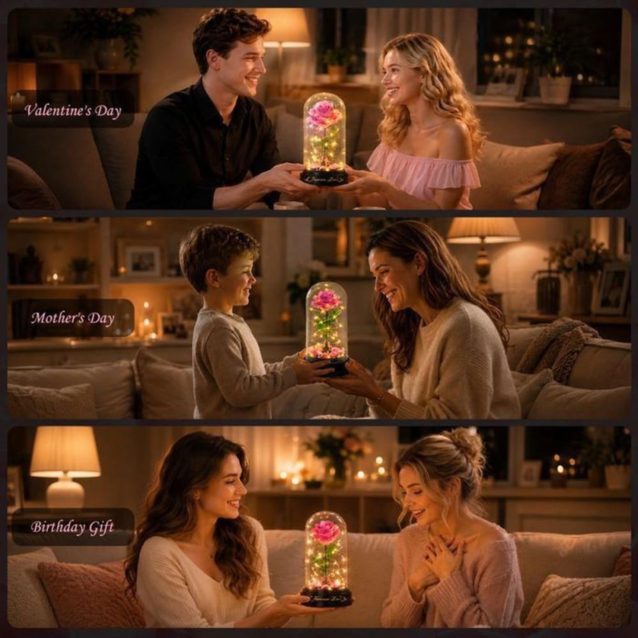 Voir la diapositive 6 : Kit de construction bouquet de roses gothiques avec LEDs intégrées, 126 pièces, fleurs rose et base noire