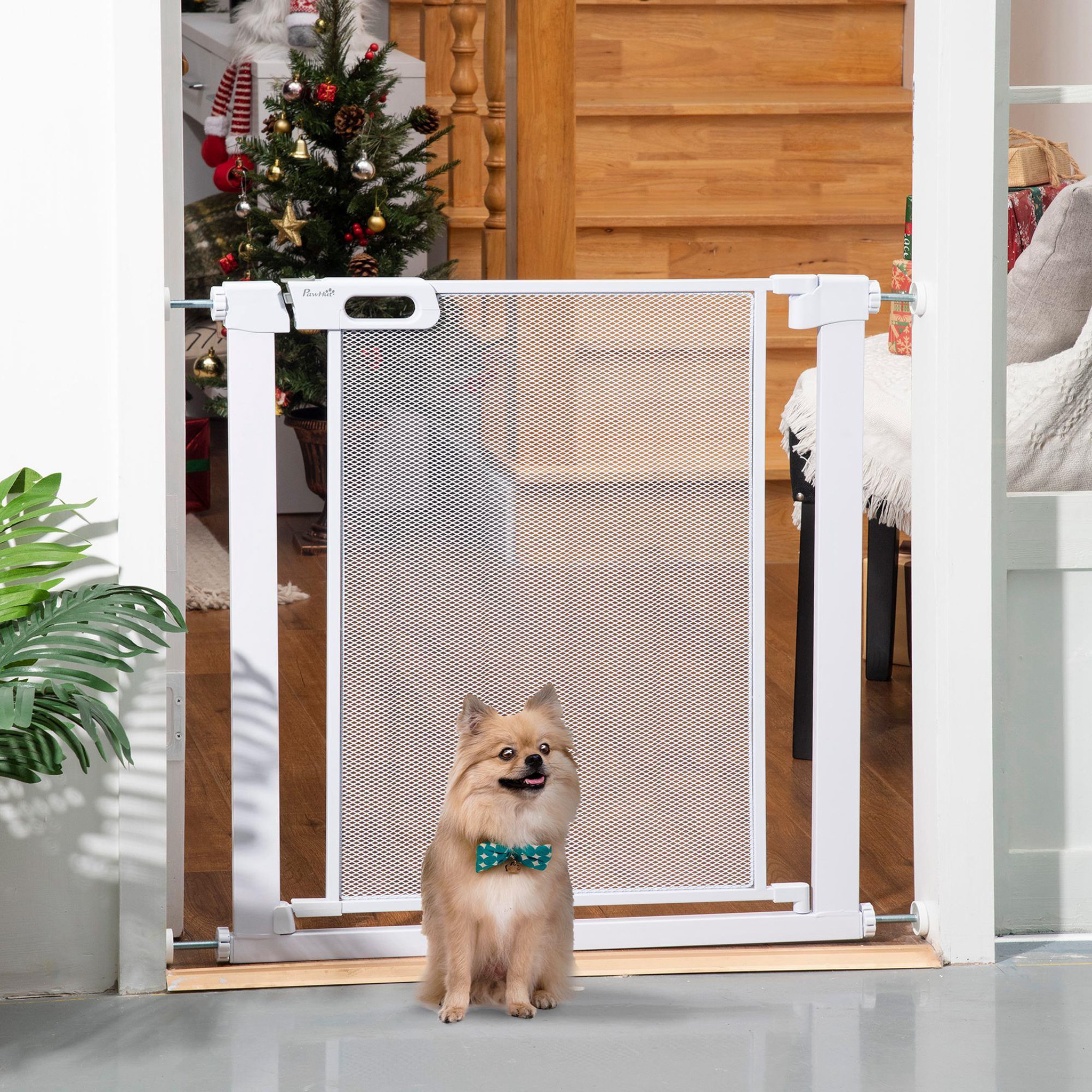 Voir la diapositive 2 : PAWHUT Barrière de sécurité animaux - longueur réglable dim. 75-82 cm - porte double verrouillage, ouverture double sens -sans perçage - acier abs blanc