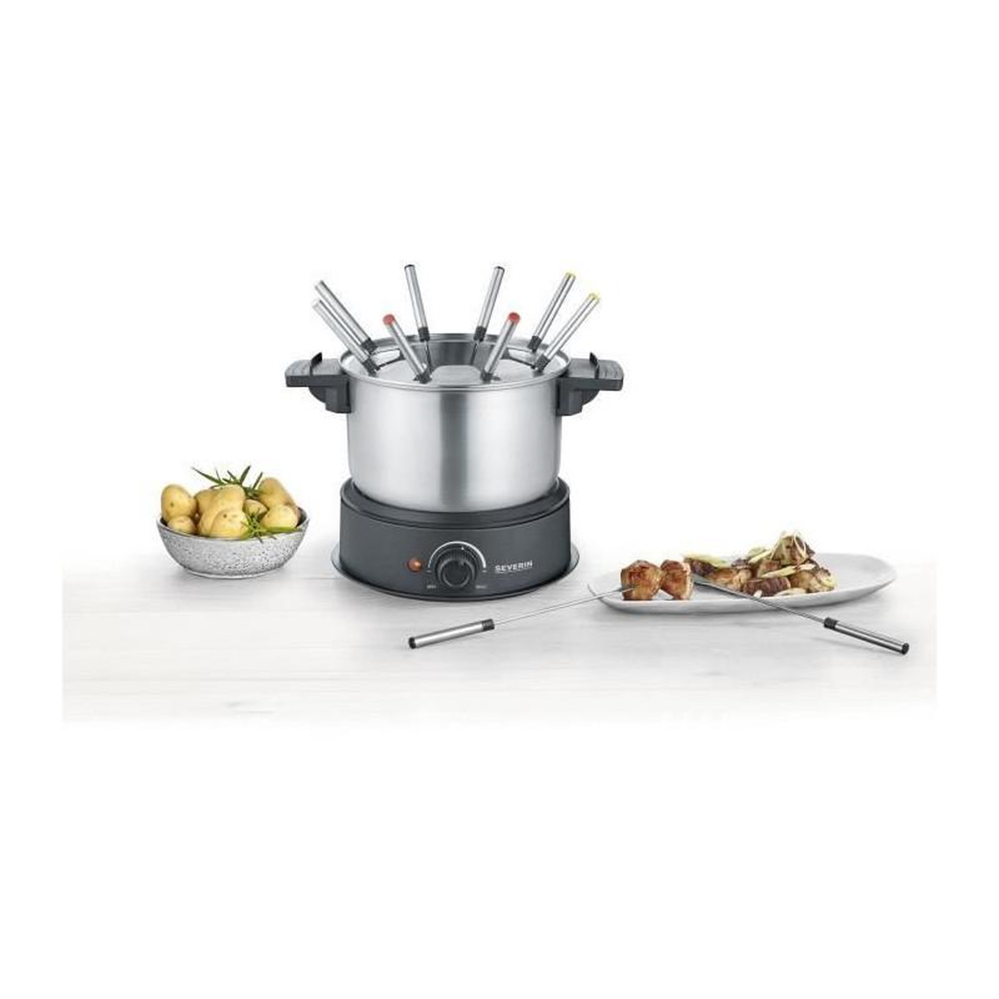Voir la diapositive 4 : SEVERIN SEVERIN FO2473 Fondue electrique 8 personnes avec caquelon inox amovible, Inclus : Protection anti-projections et 8 fourchettes