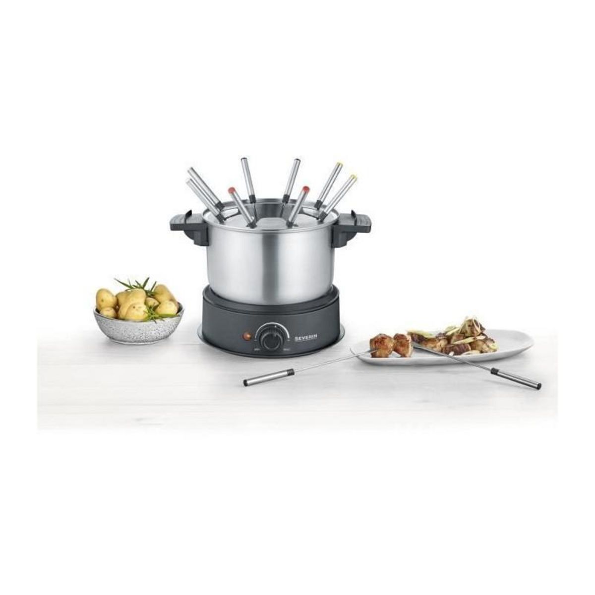 SEVERIN SEVERIN FO2473 Fondue electrique 8 personnes avec caquelon inox amovible, Inclus : Protection anti-projections et 8 fourchettes