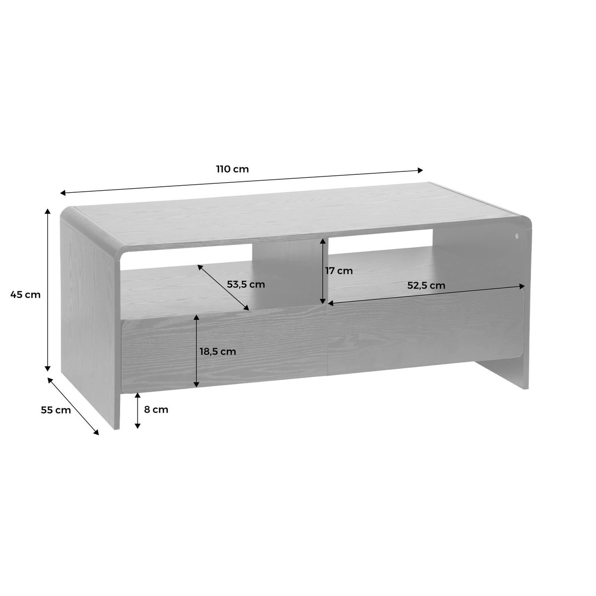 SWEEEK Meuble TV 2 tiroirs 2 étagères effet bois noir arrondi