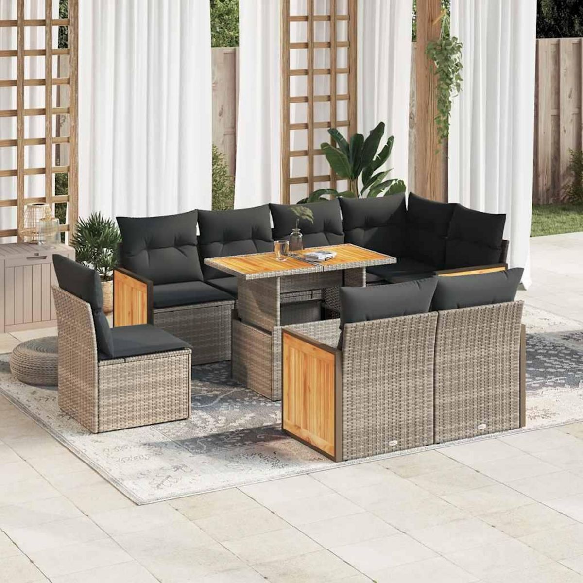 VIDAXL Salon de jardin avec coussins 9 pcs gris resine tressee acacia