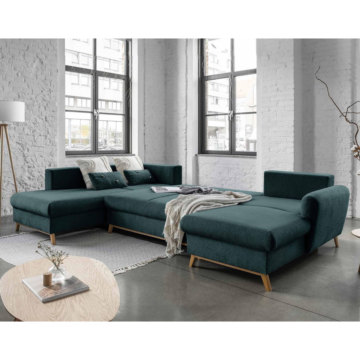 BEST MOBILIER Lagom - canapé d'angle panoramique - convertible - avec coffre - en tissu - 7 places - gauche