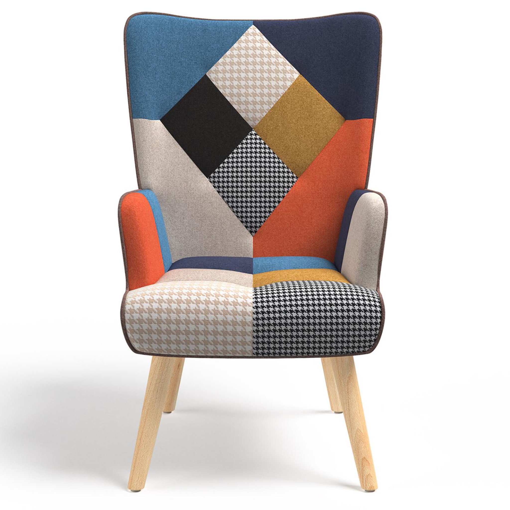 ID MARKET Fauteuil scandinave ivar en tissu patchwork multicouleurs et imprimé pied de poule