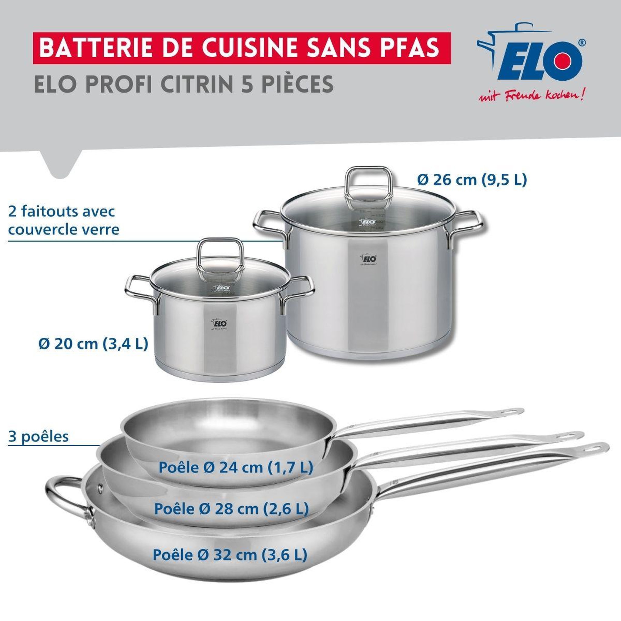 Voir la diapositive 2 : ELO Ensemble de 3 poêles de cuisson 24, 28 et 32 cm et 2 faitouts 20 et 26 cm elo profi citrin