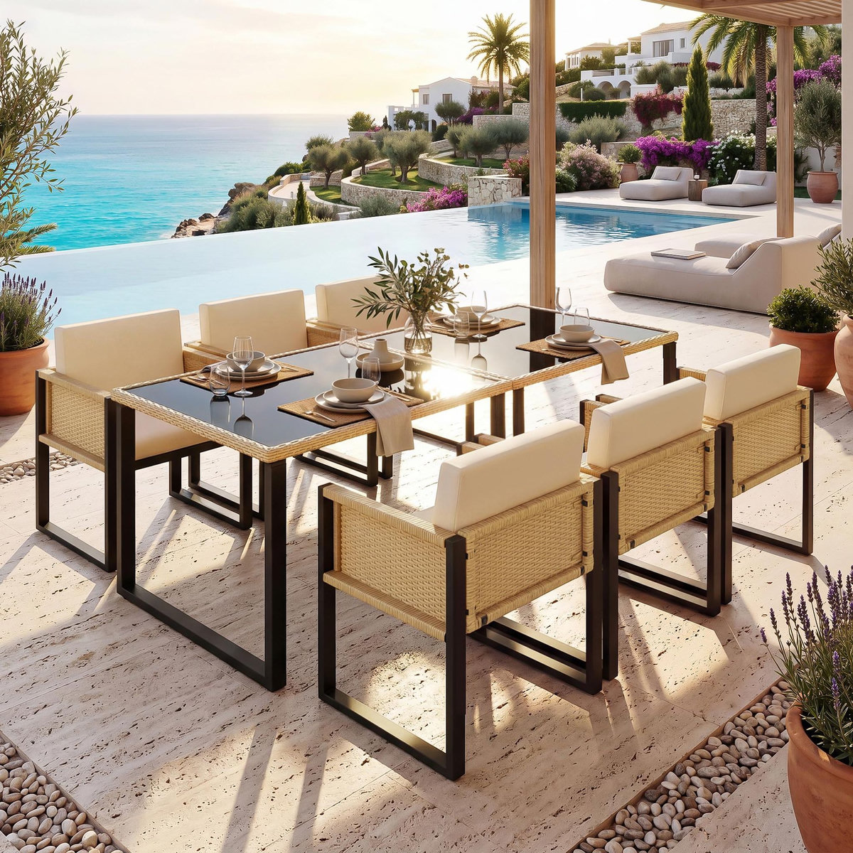 MERAX Salon de jardin 6 places en polyrattan avec table et fauteuils, noir bios