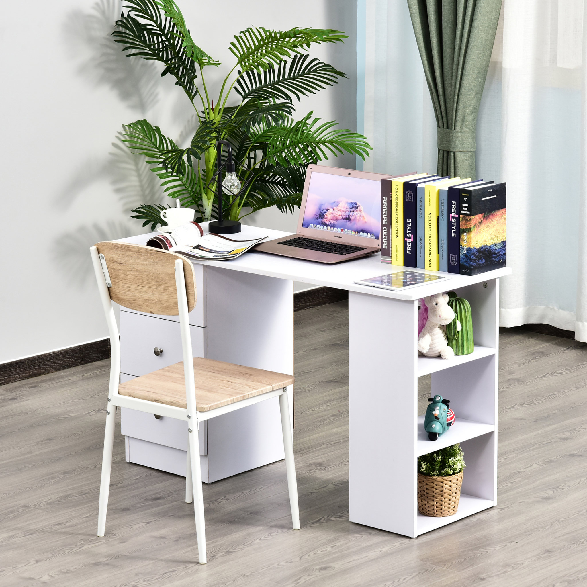 Voir la diapositive 2 : HOMCOM Bureau informatique multimédia multi-rangements 3 tiroirs 2 étagères 120L x 49l x 72H cm blanc