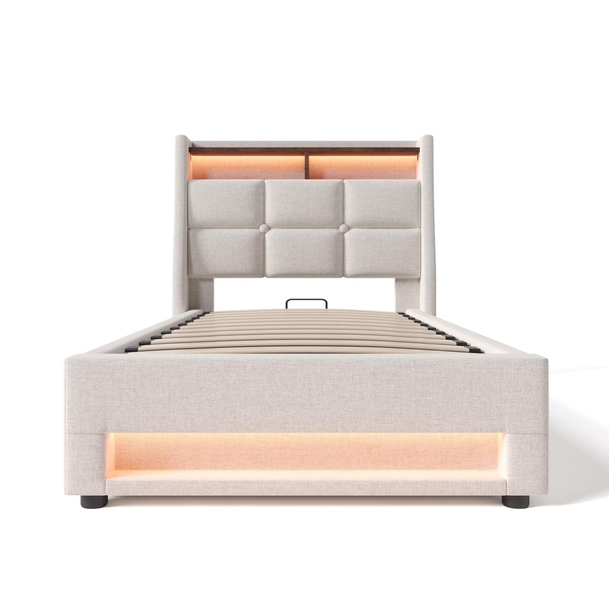 Voir la diapositive 5 : MERAX Lit coffre avec USB et LED Lin gris
