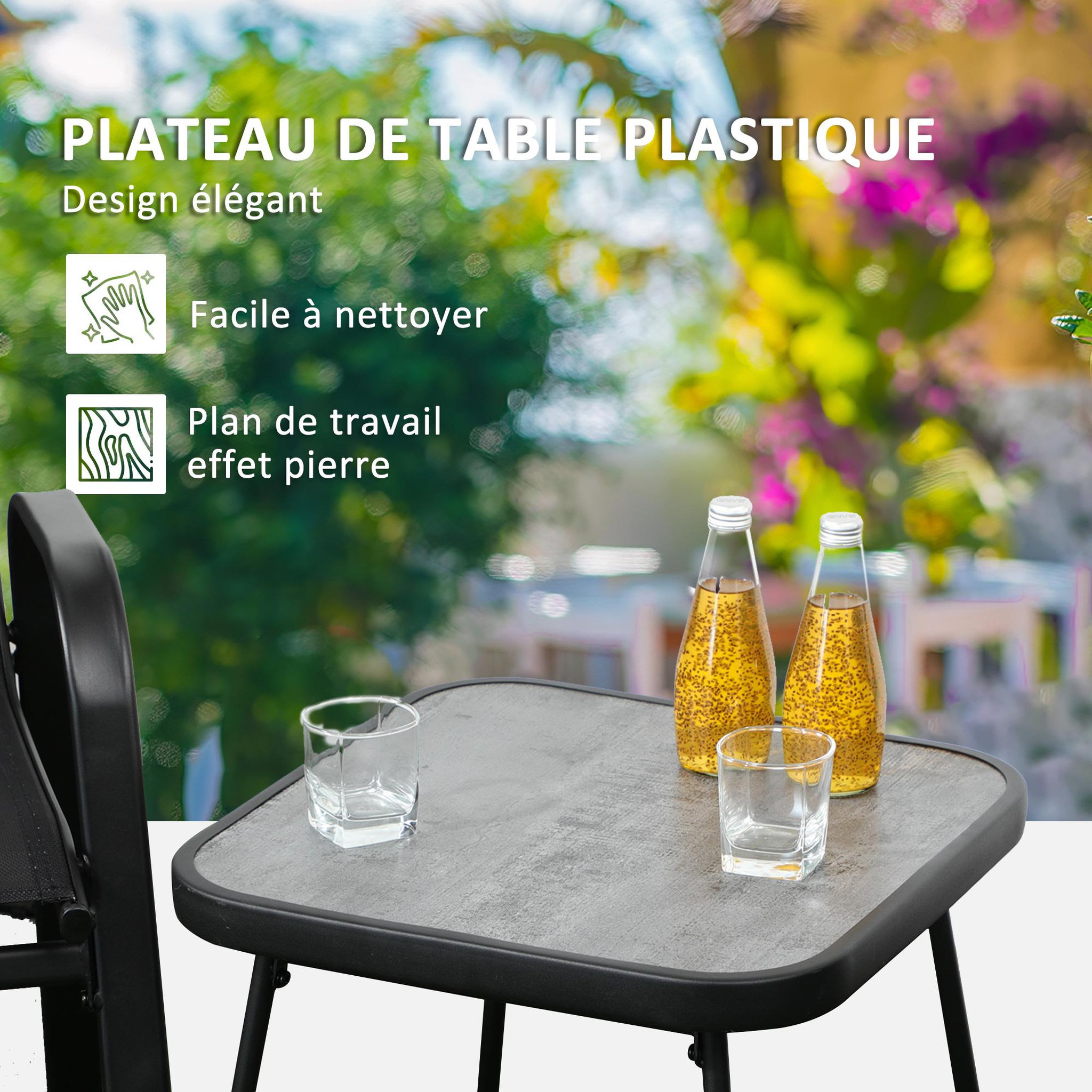 Voir la diapositive 4 : OUTSUNNY Salon de jardin bistro 2 personnes 3 pièces - plateau effet béton ciré acier époxy textilène noir