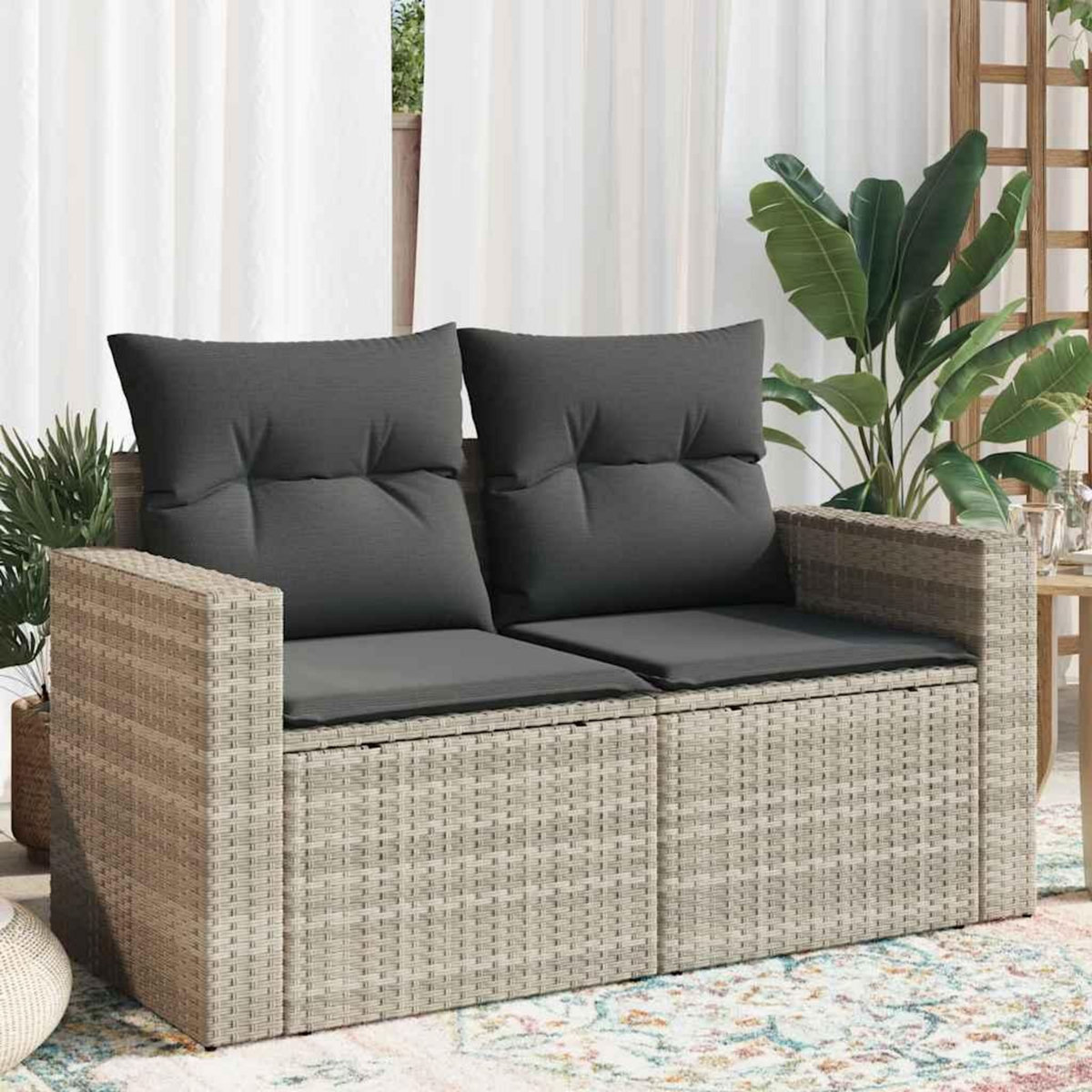 VIDAXL Canape de jardin 2 places et coussins gris clair resine tressee