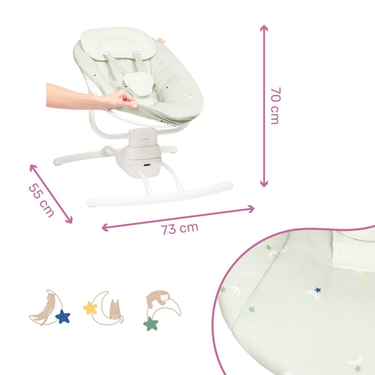 BADABULLE Balancelle Electrique Bébé Latérale Lichen Badabulle - 3 Vitesses de Balancement - Arche jeux