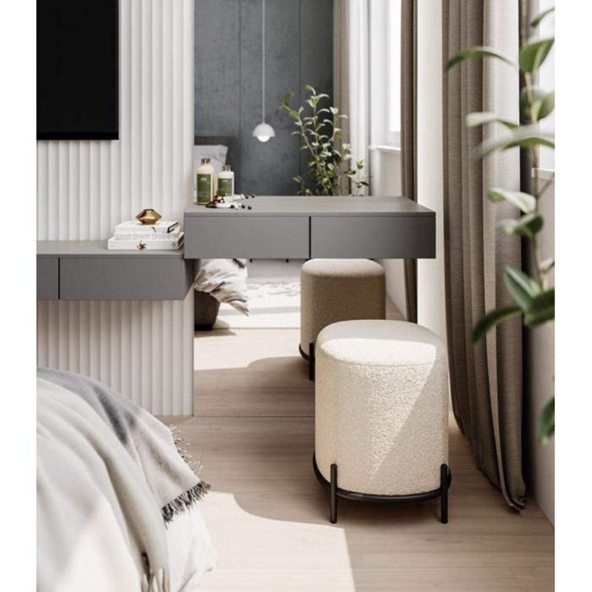 Paris Prix Pouf en Tissu Bouclé  Mark  47cm Beige