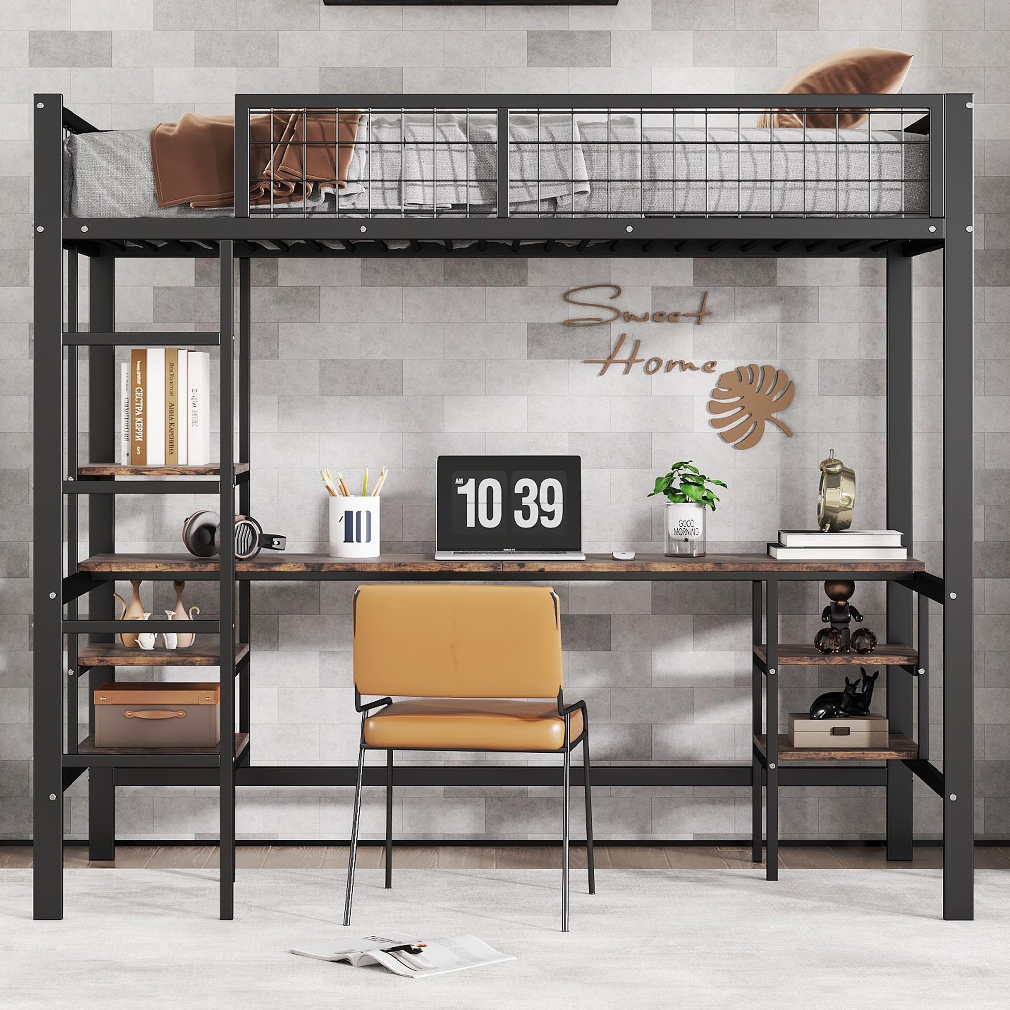 Voir la diapositive 2 : MERAX Lit mezzanine 90x200cm métal et bois coloris noir