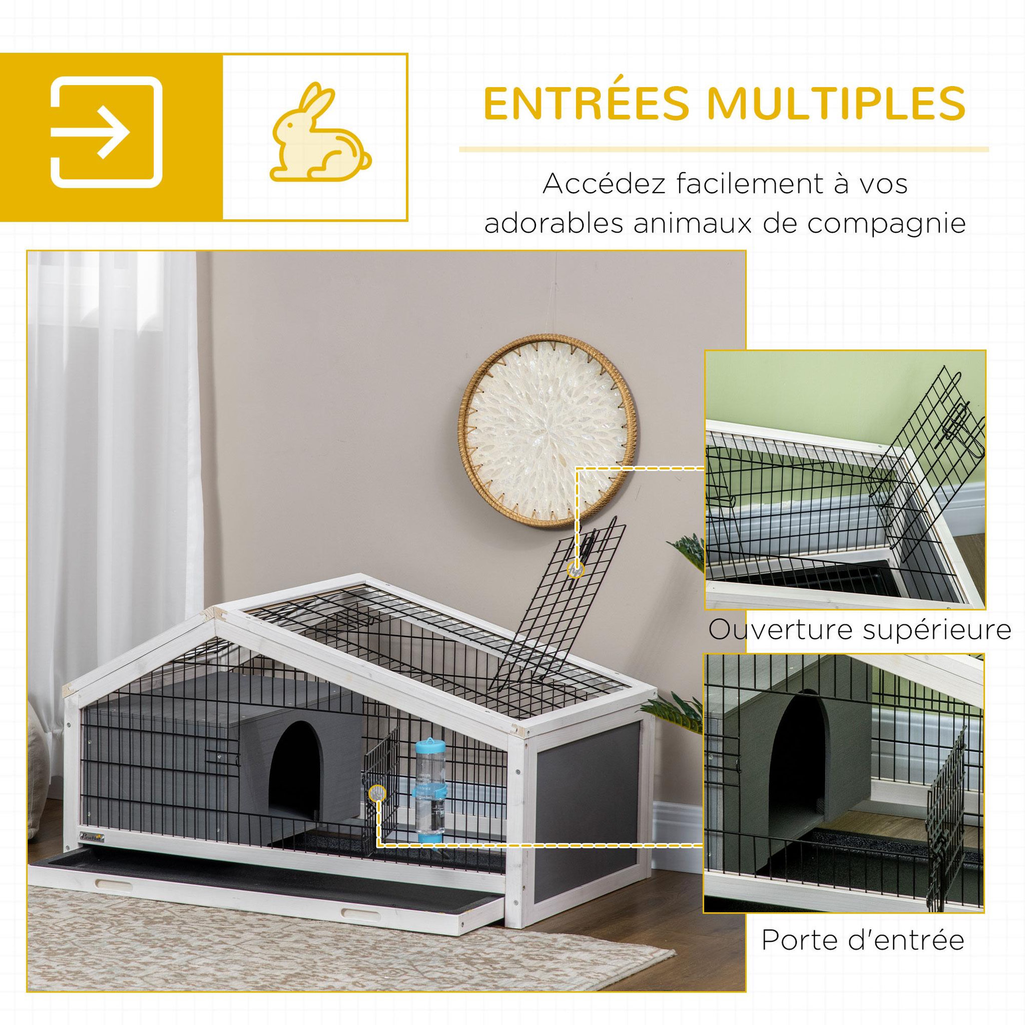 Voir la diapositive 5 : PAWHUT Clapier cage à lapin - niche, plateau déjection, porte et toit ouvrant verrouillables, abreuvoir - acier noir sapin gris blanc