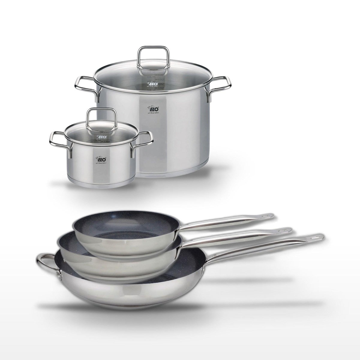 ELO Lot de 3 Poêles céramique Elo Profi Therm Platinum 24/28/32 cm et 2 Faitouts inox Elo Citrin
