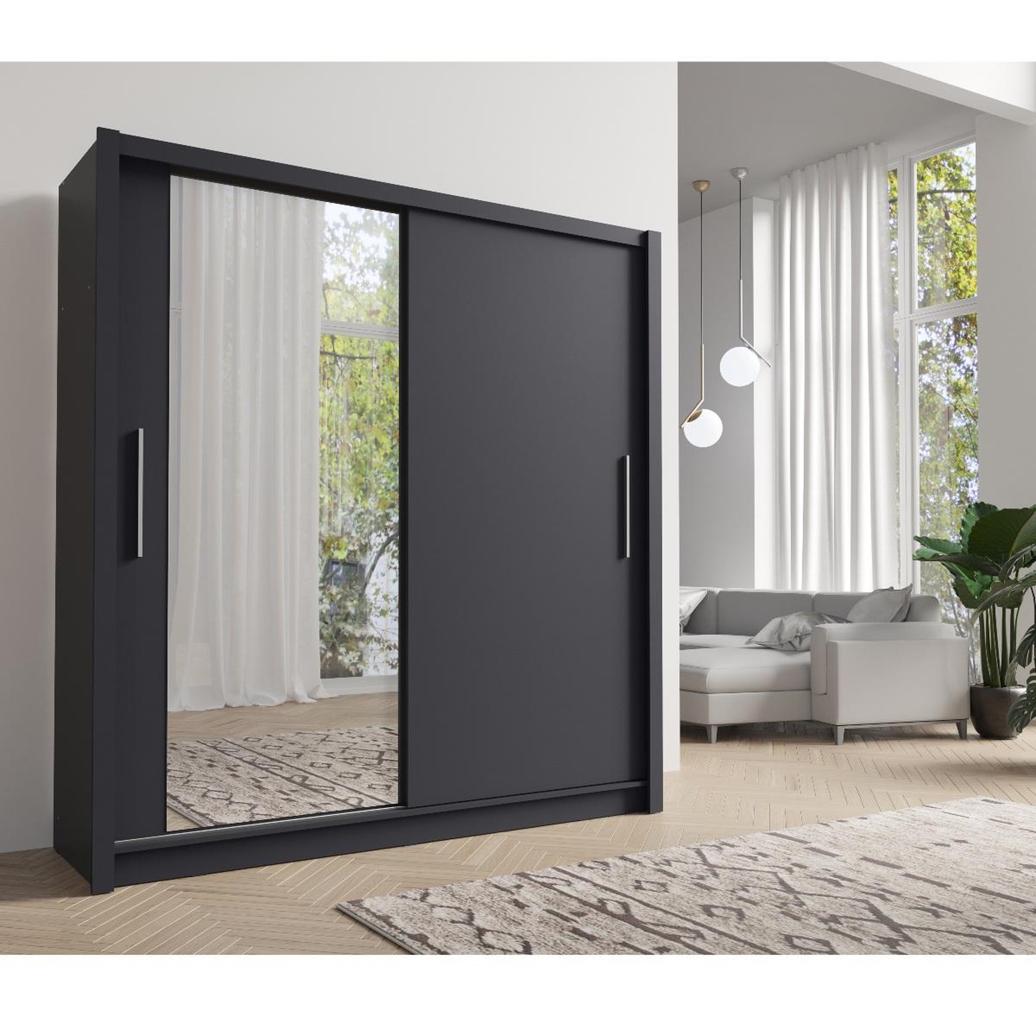Voir la diapositive 2 : JLC KREATION Armoire moderne grise 2 portes coulissantes 155cm ulric