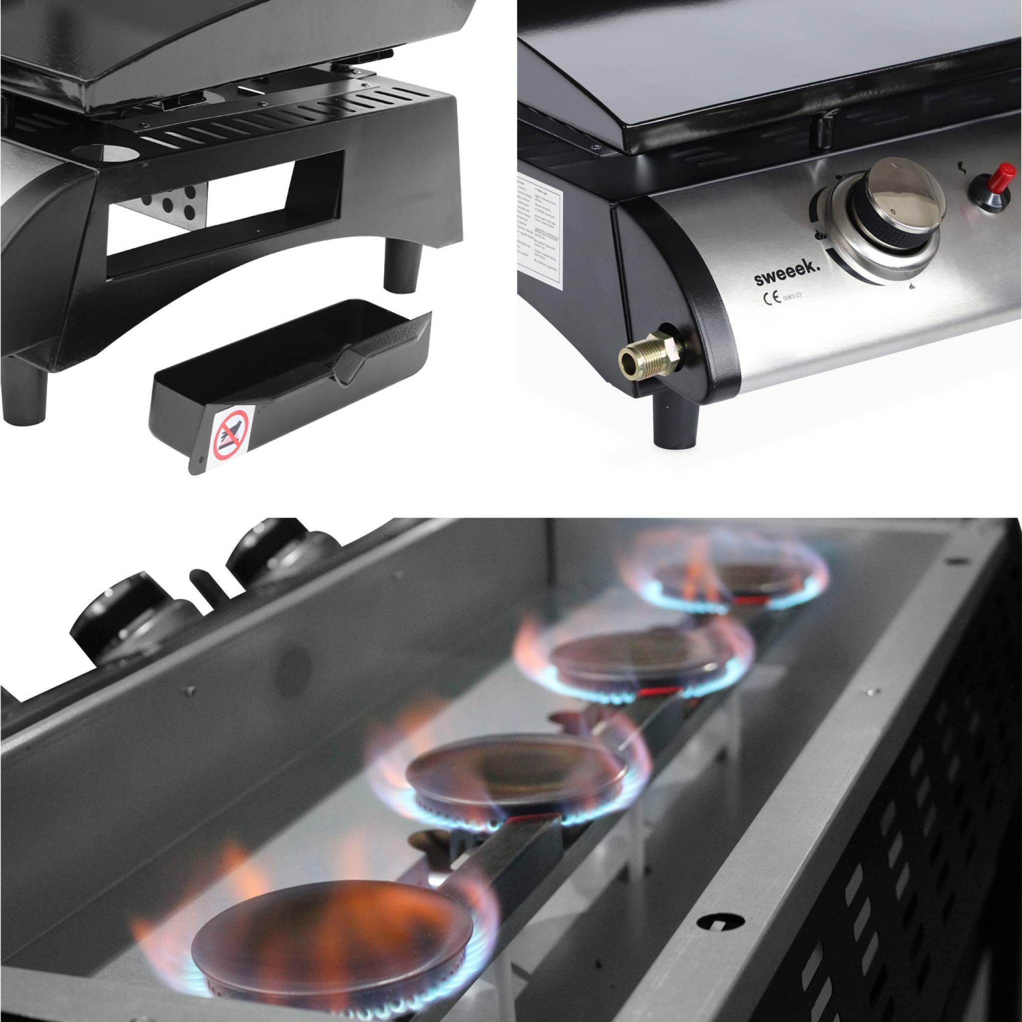 Voir la diapositive 5 : SWEEEK Plancha au gaz 4 brûleurs sur chariot - Porthos - 10kW. plancha à gaz avec desserte . cuisine extérieure. plaque émaillée. inox. barbecue
