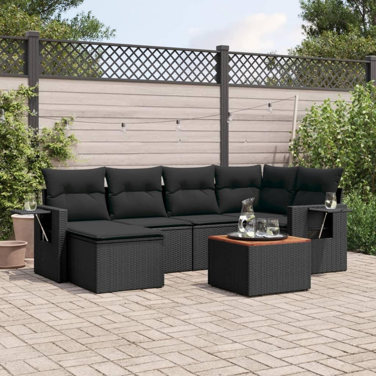 VIDAXL Salon de jardin 7 pcs avec coussins noir resine tressee