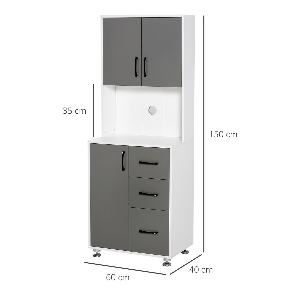 HOMCOM HOMCOM Armoire de cuisine multi-rangements 2 + 1 porte 3 tiroirs + grand plateau dim. 60L x 40l x 150H cm bicolore gris blanc