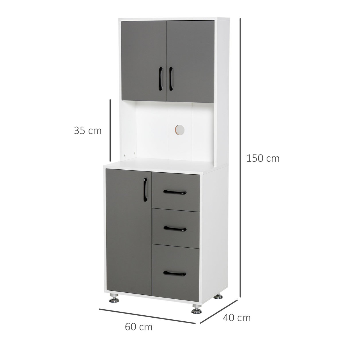 HOMCOM HOMCOM Armoire de cuisine multi-rangements 2 + 1 porte 3 tiroirs + grand plateau dim. 60L x 40l x 150H cm bicolore gris blanc