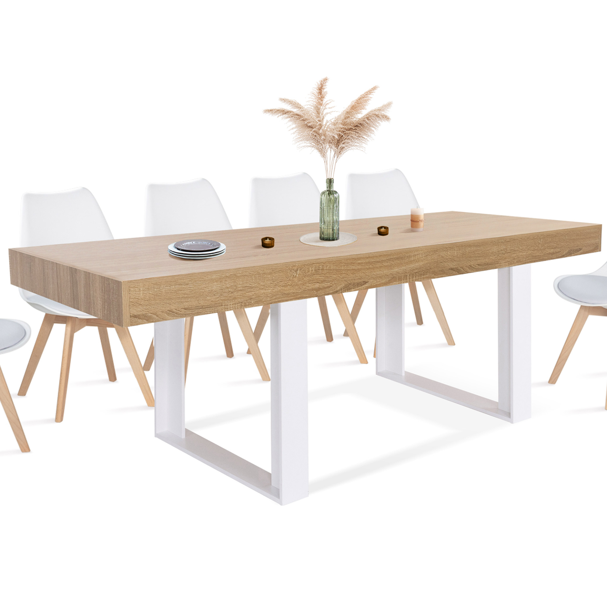 ID MARKET Table à manger rectangle phoenix 8 personnes bois et blanc 200 cm