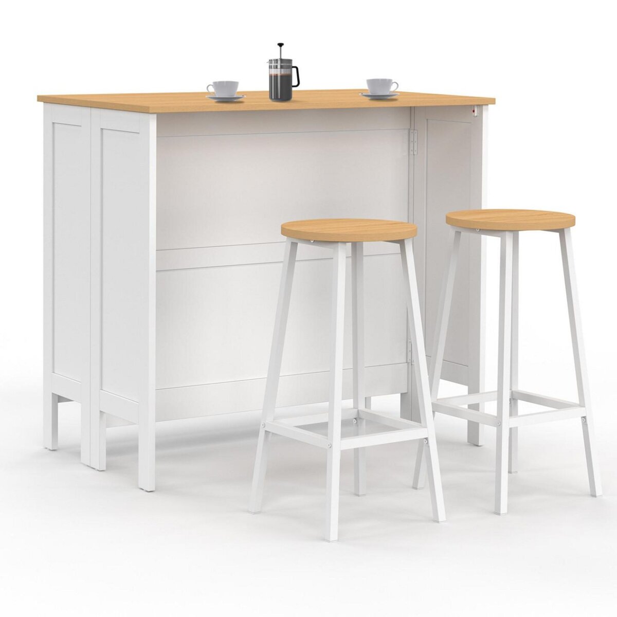 ID MARKET Ensemble table de bar îlot Achille et 2 tabourets bois blanc plateau façon hêtre