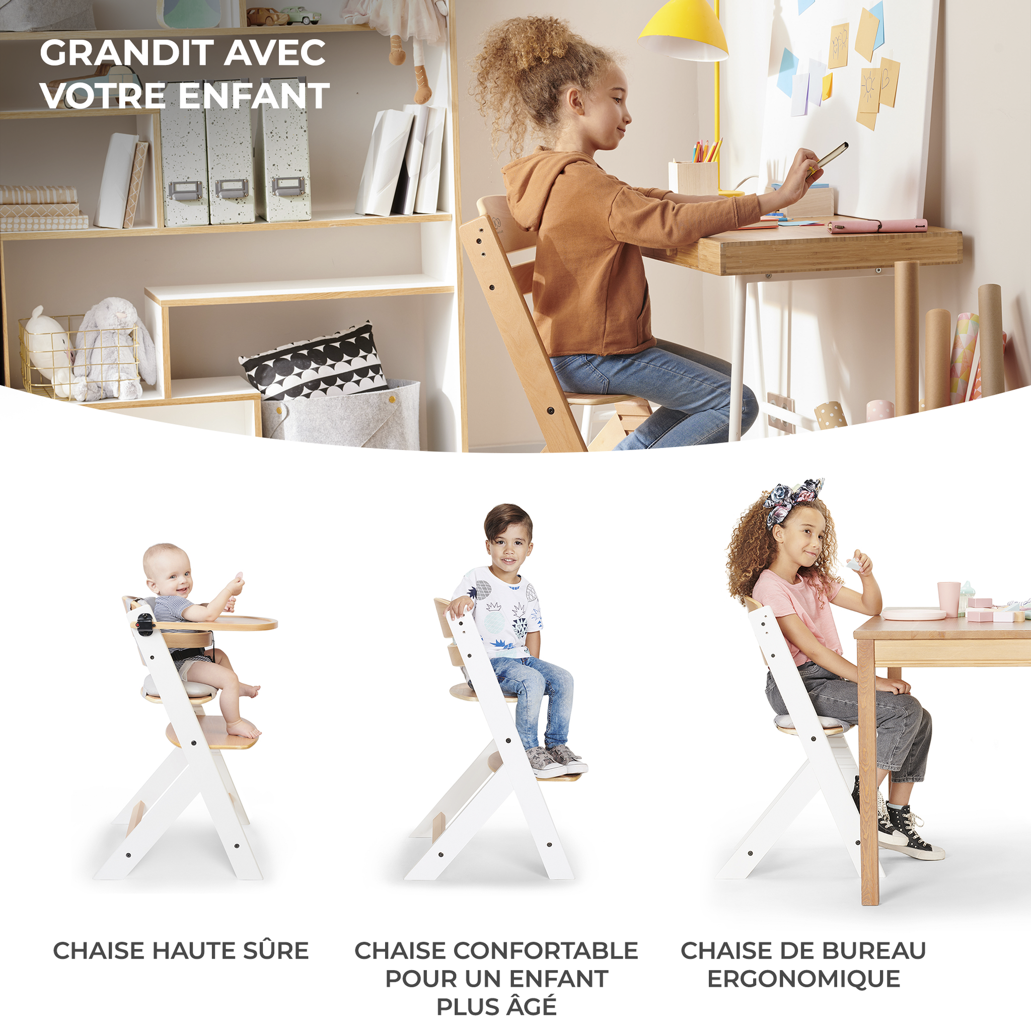 Voir la diapositive 3 : KINDERKRAFT Chaise haute evolutive bois coussin assise reglab