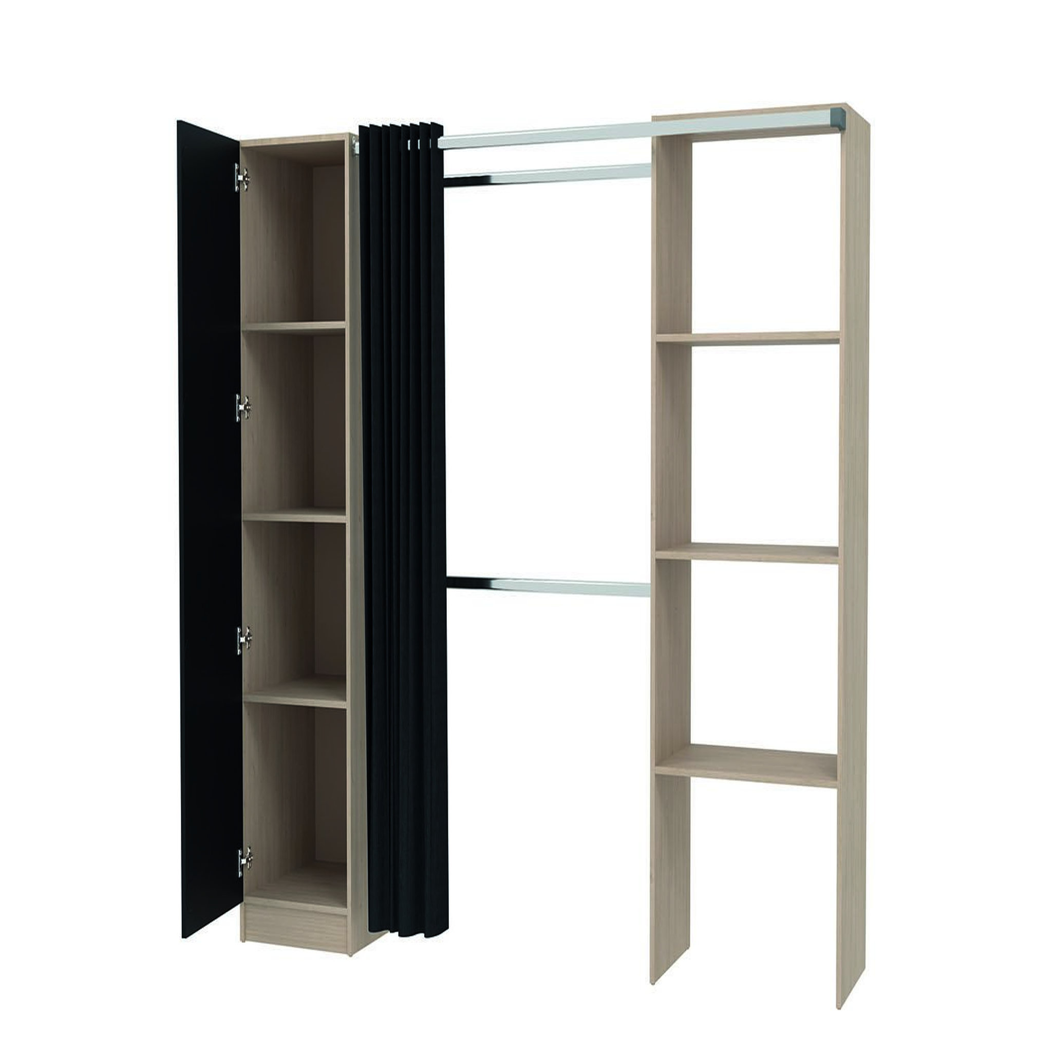 Voir la diapositive 4 : CONCEPT USINE Dressing industriel bois avec rideau noir et 2 penderies et 6 étagères NICE