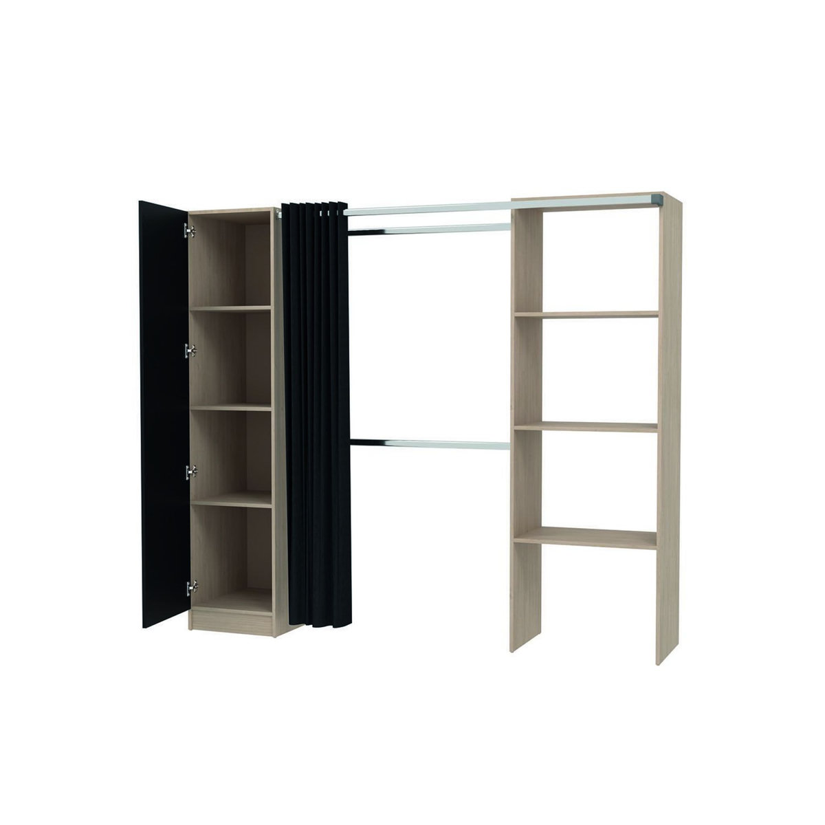 CONCEPT USINE Dressing industriel bois avec rideau noir et 2 penderies et 6 étagères NICE