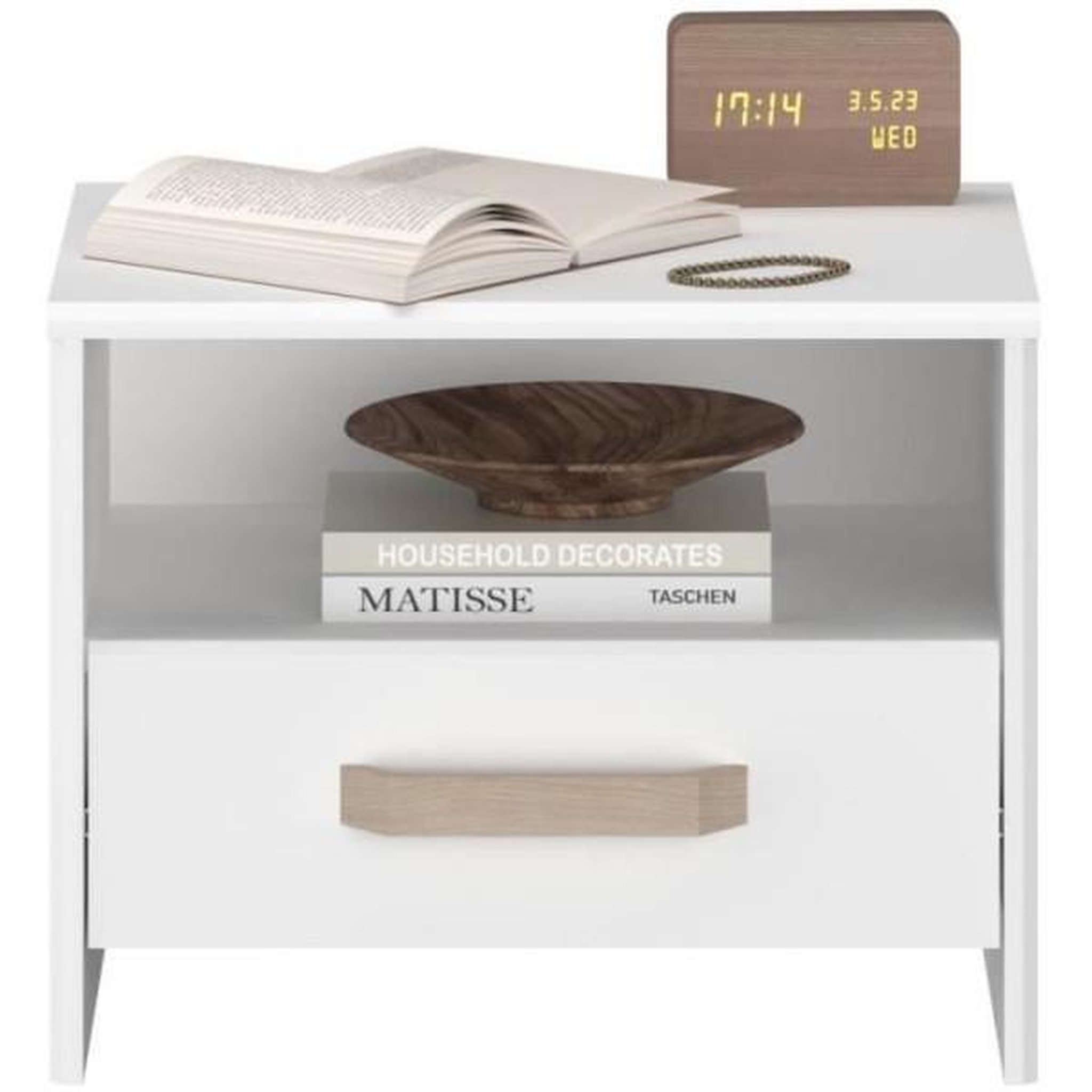 Voir la diapositive 5 : PARISOT Chambre complete adulte DREAM : Lit 140x190/200 cm + 2 chevets + commode - Décor blanc et chene - PARISOT