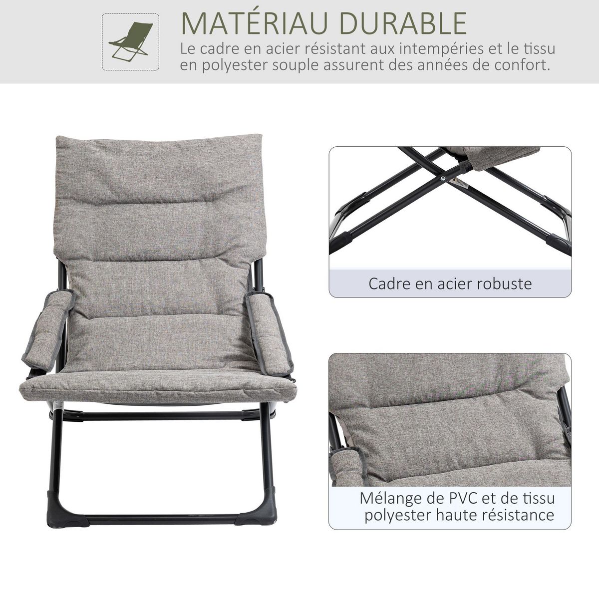 OUTSUNNY Chaise de jardin camping pliable - épais coussin amovible inclus - accoudoirs rembourrés - acier noir tissu gris