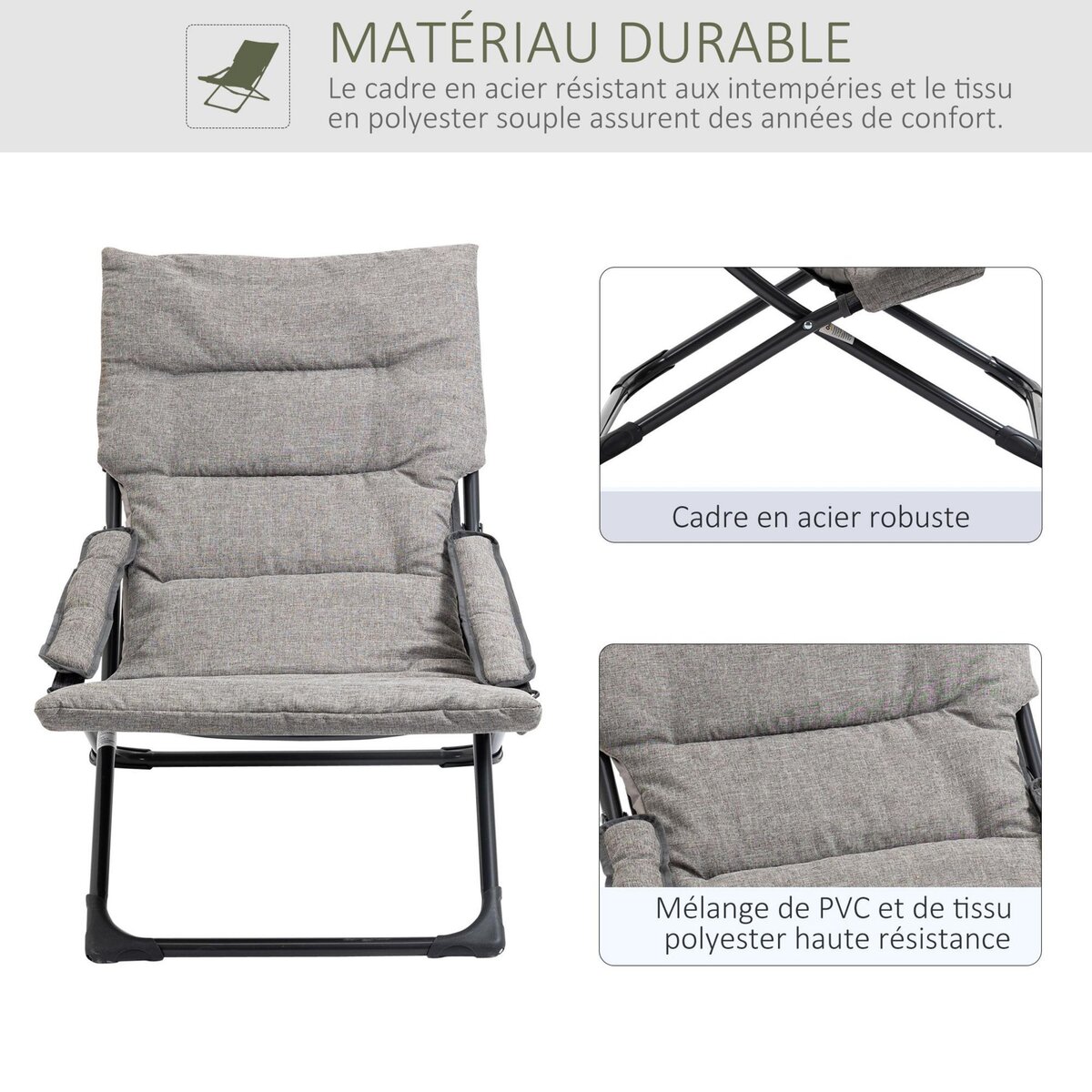 OUTSUNNY Chaise de jardin camping pliable - épais coussin amovible inclus - accoudoirs rembourrés - acier noir tissu gris