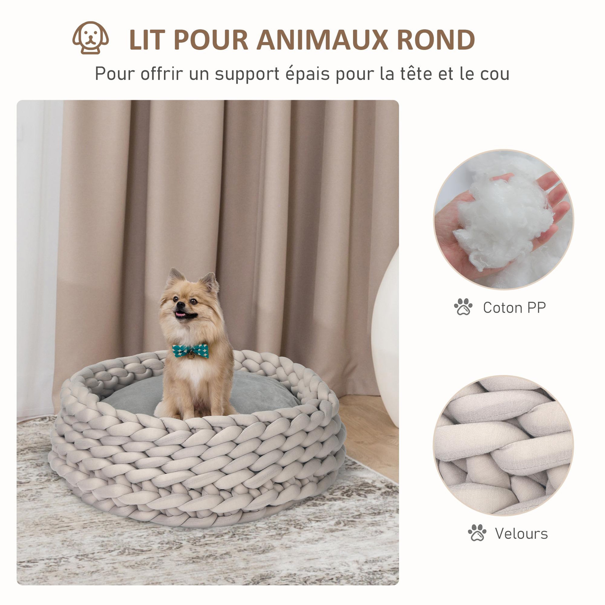 Voir la diapositive 6 : PAWHUT Panier pour chien chat Ø50 x 19H cm effet tressé tricot - coussin amovible et lavable en machine - polyester gris