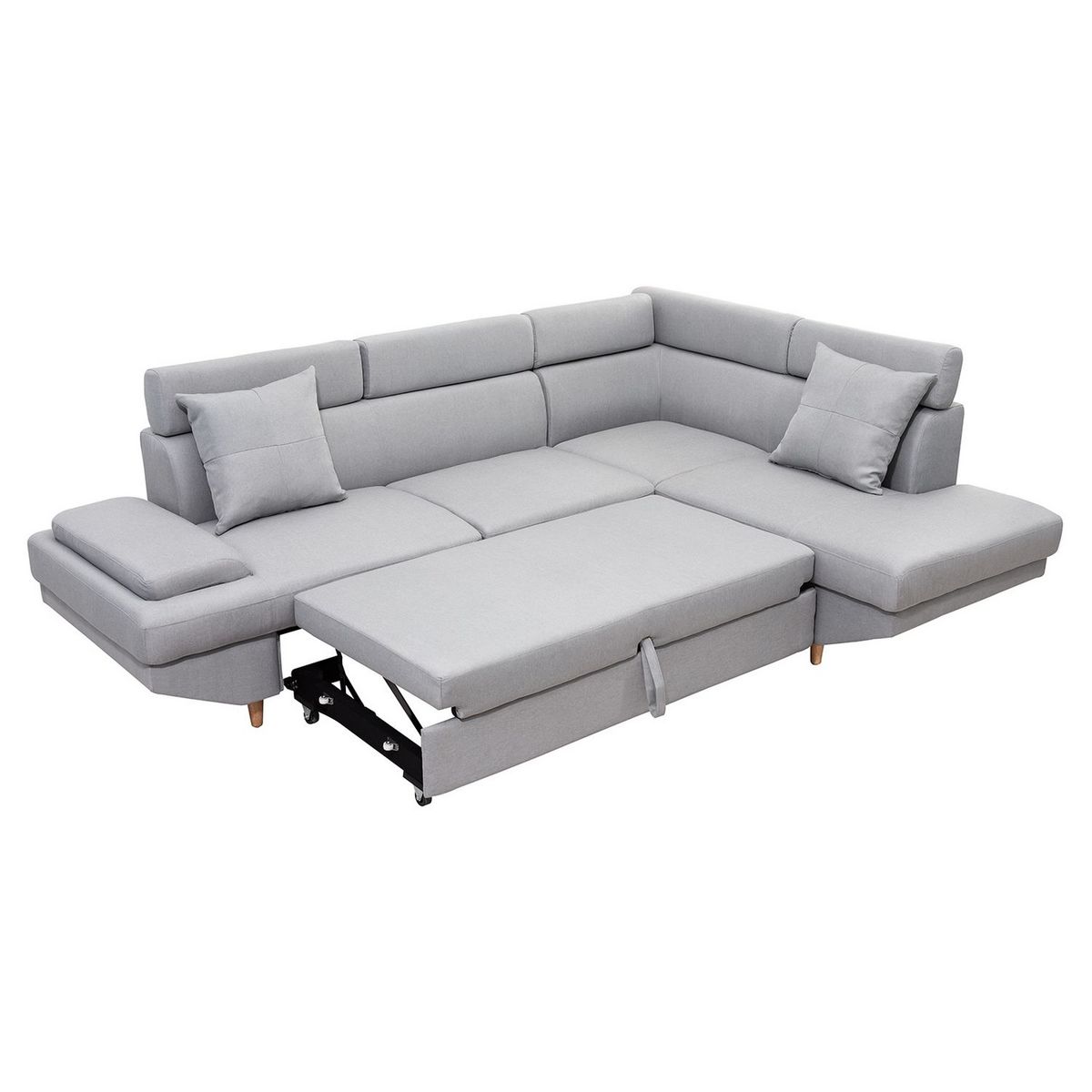 Canapé d'angle droit convertible 5 places tissu pieds bois clair MARIUS 