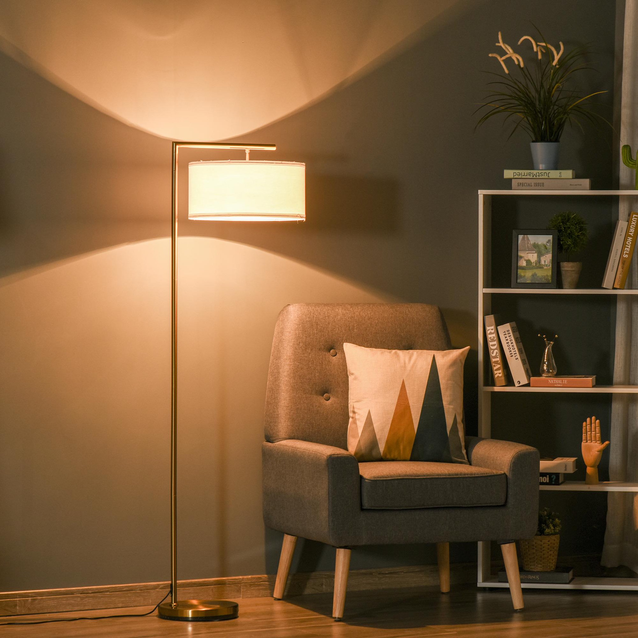 Voir la diapositive 2 : HOMCOM Lampadaire design néo-rétro max. 40 w 153h cm abat-jour circulaire aspect lin blanc piètement structure métal doré