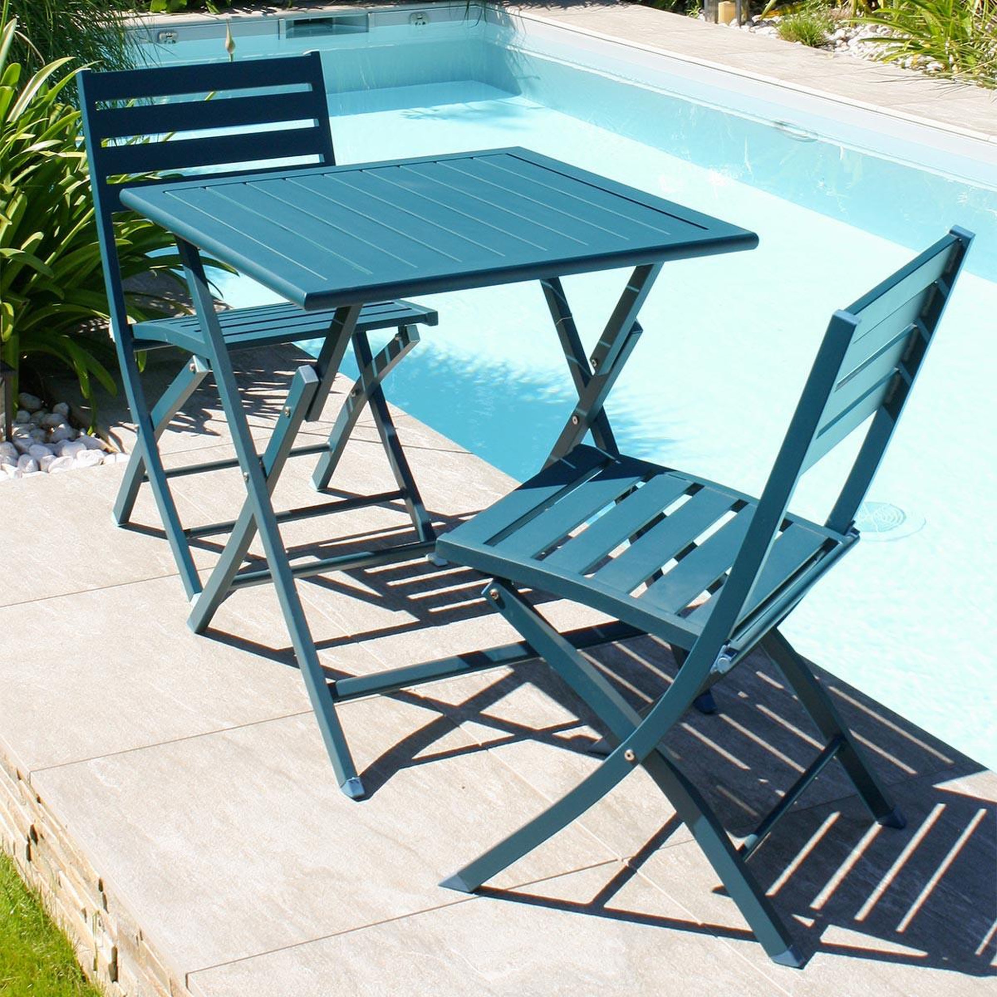 Voir la diapositive 5 : Paris Prix Ensemble table de jardin pliante & 2 chaises  marius  70cm bleu canard