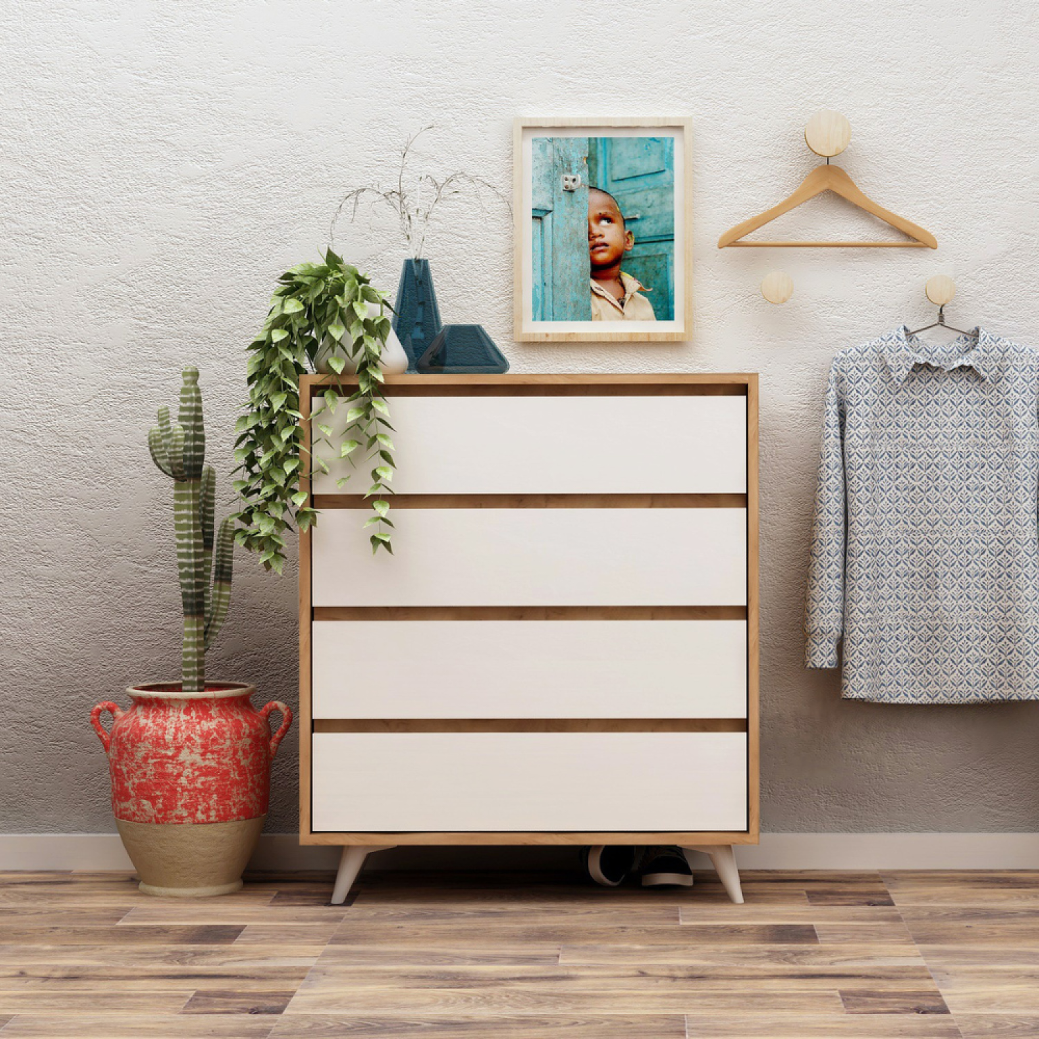 Voir la diapositive 2 : CONCEPT USINE Commode à 4 tiroirs bois et blanc lodz