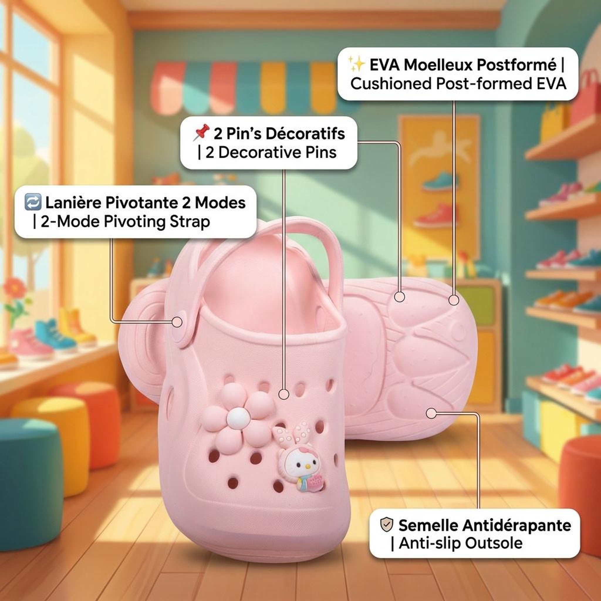 Voir la diapositive 4 : OZABI OZABI Sabot Enfant EVA Moelleux - 2 Pin's Décoratifs - Lanière Pivotante