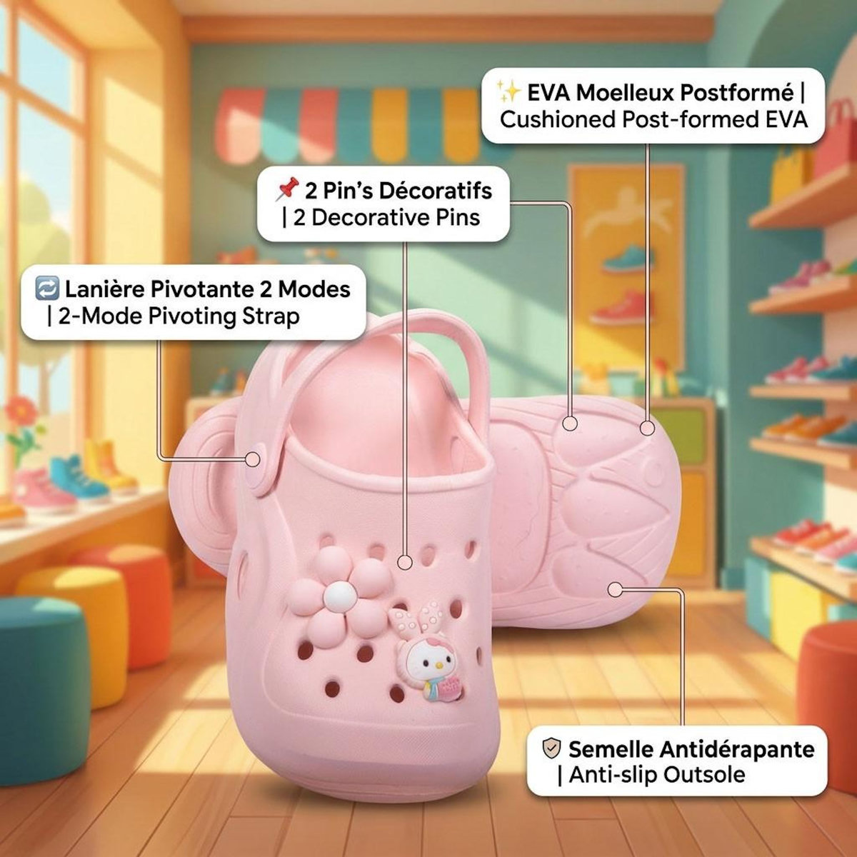 OZABI OZABI Sabot Enfant EVA Moelleux - 2 Pin's Décoratifs - Lanière Pivotante