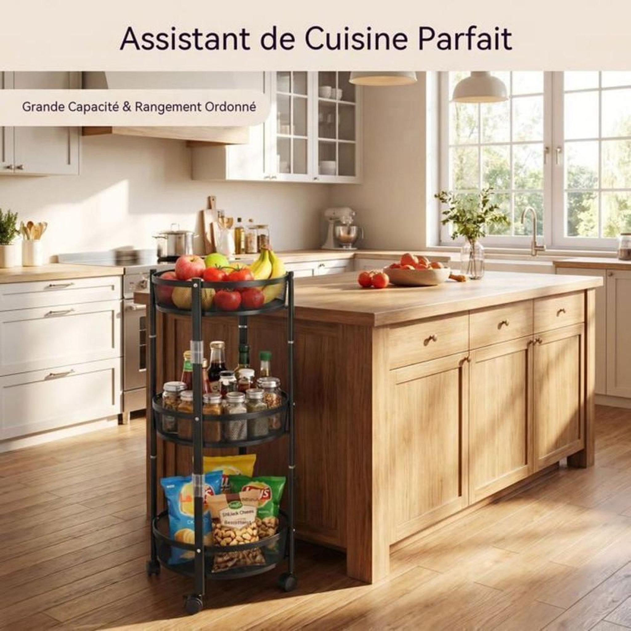 Voir la diapositive 5 : Chariot de rangement rond pliable 3 niveaux en acier noir, paniers grillagés, roulettes 360°