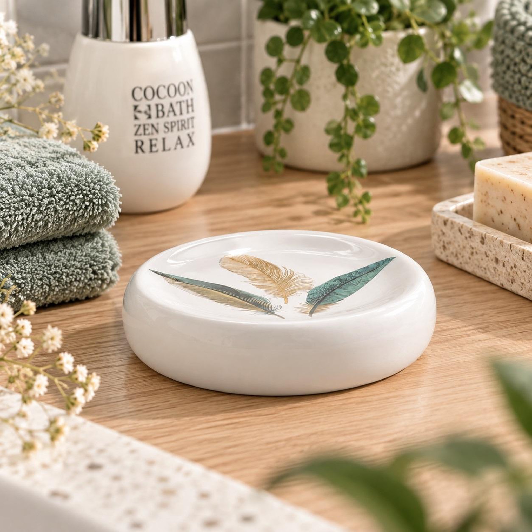 Voir la diapositive 2 : Eden Porte savon en ceramique plumes