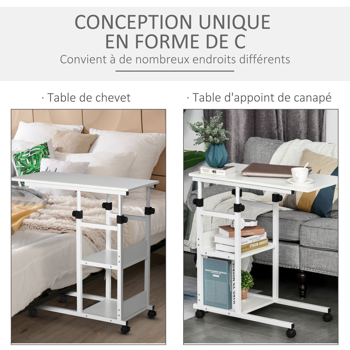HOMCOM Table de lit/fauteuil - table roulante - hauteur réglable - 2 étagères intégrées - panneaux particules E1 aspect bois métal blanc