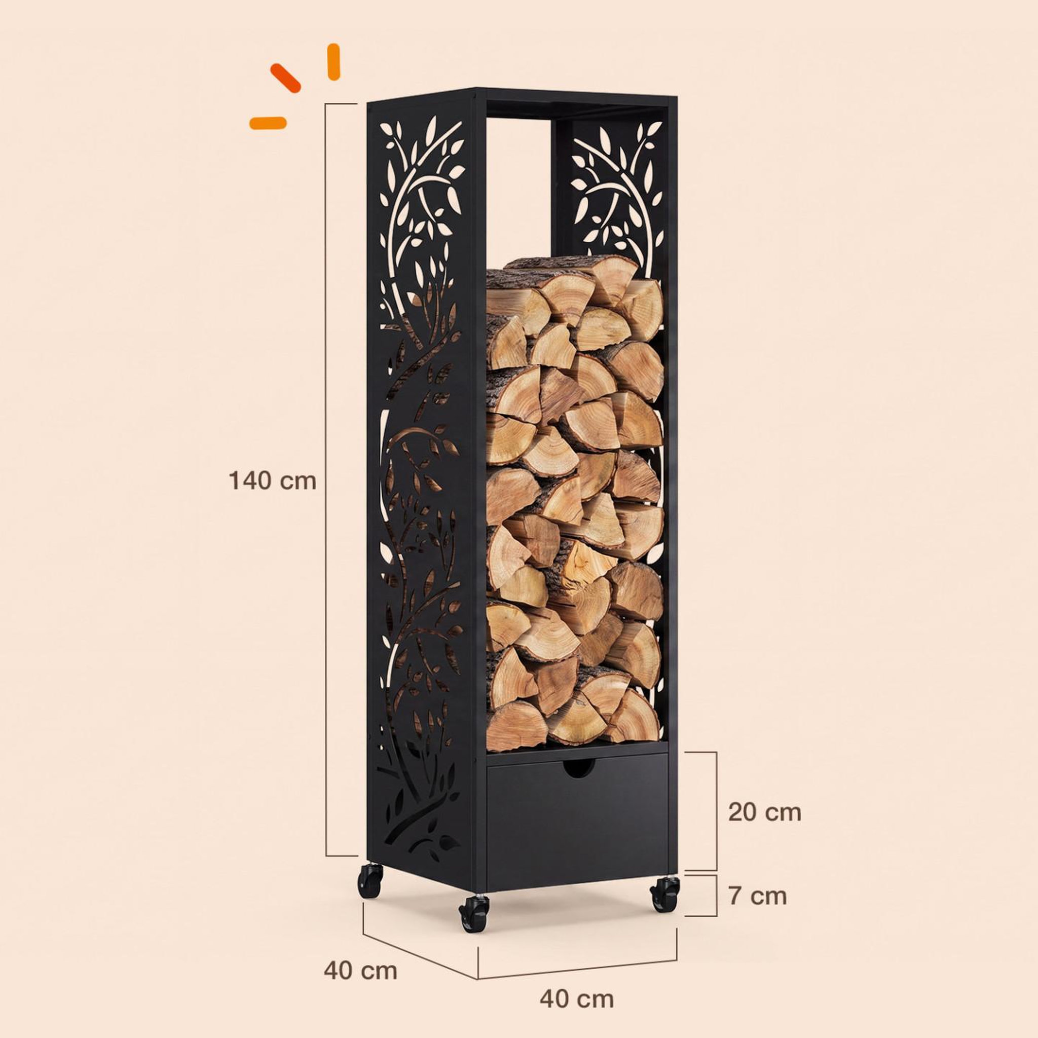 Voir la diapositive 5 : ID MARKET Range bûches vertical plein acier noir motif arbre h. 140 cm pour cheminée avec roulettes et tiroir