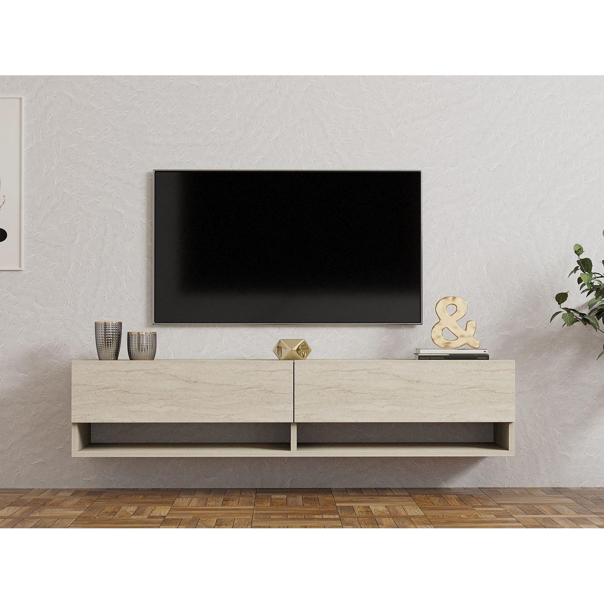 Voir la diapositive 2 : TOILINUX Meuble tv suspendu 2 portes basculantes effet travertin sienna - beige