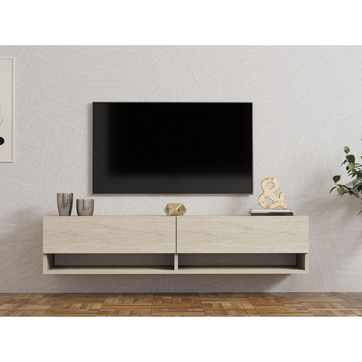 TOILINUX Meuble TV suspendu 2 portes basculantes effet travertin SIENNA - Beige