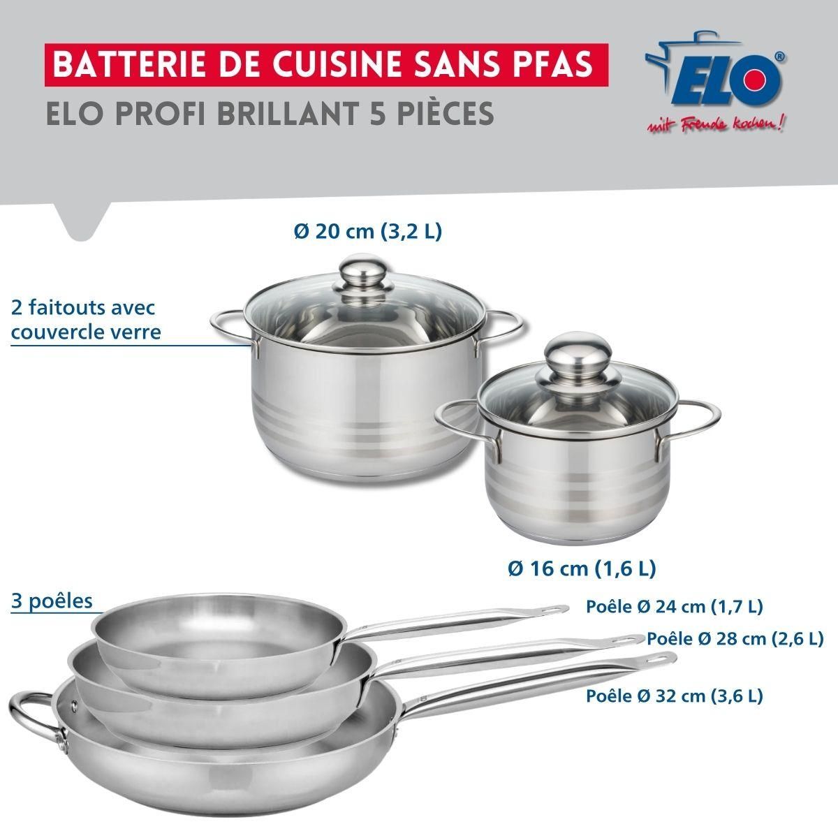 ELO Ensemble de 3 Poêles de cuisson 24, 28 et 32 cm et 2 faitouts 16 et 20 cm Elo Profi Brillant