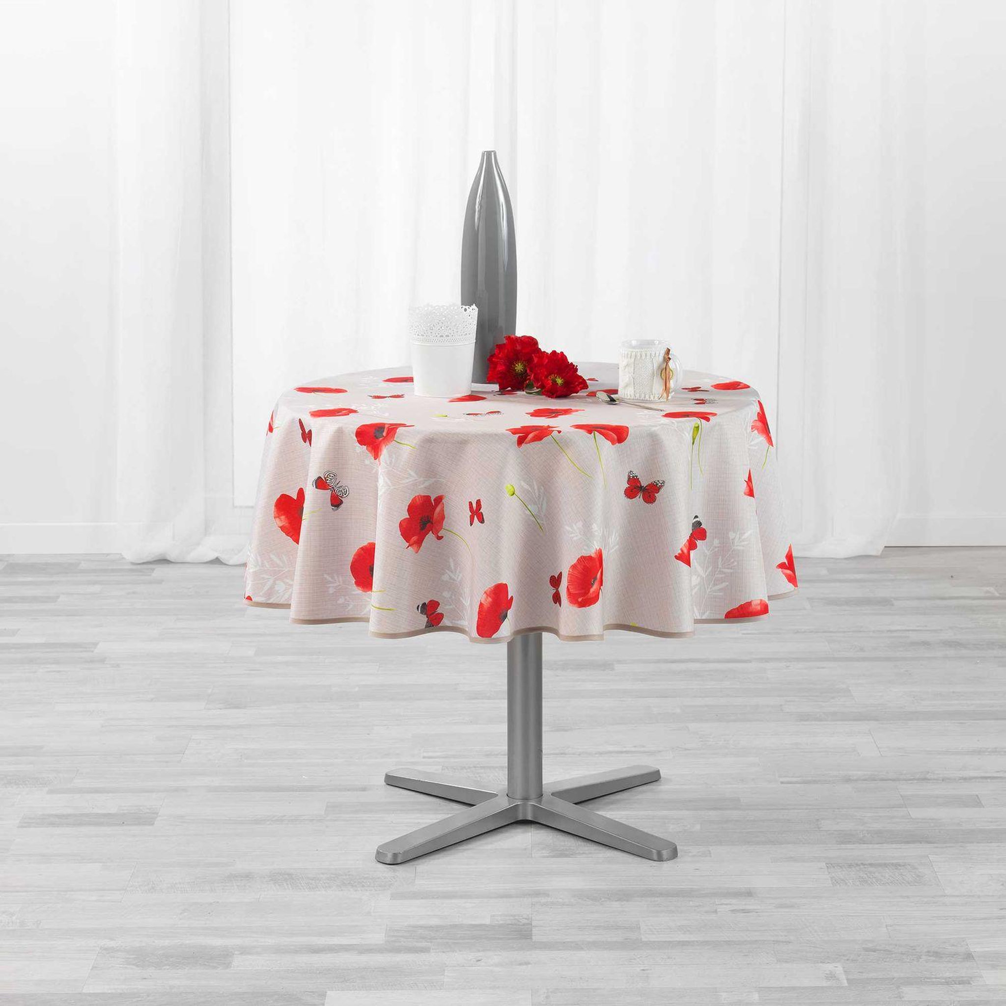 Voir la diapositive 2 : Douceur d'Intérieur Nappe ronde antitache amapola - diam. 180 cm - beige et rouge