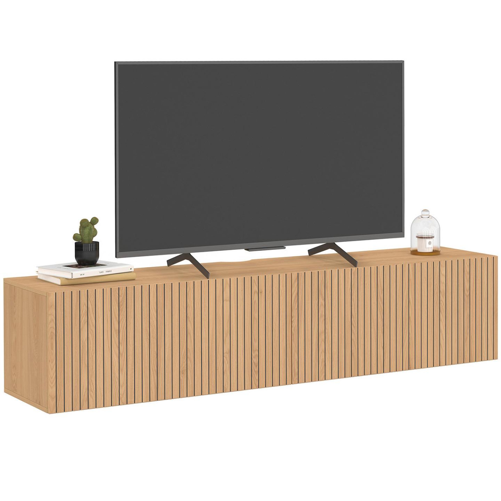 ID MARKET Meuble tv 140 cm suspendu juliette 2 portes lattes tasseau bois coloris chêne
