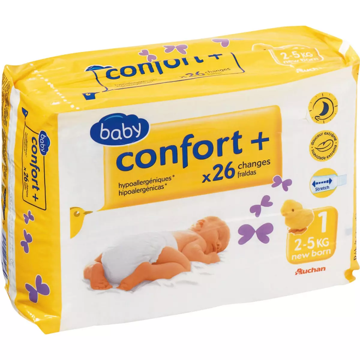 AUCHAN BABY Lot de 6, Confort + Couches Single New Born Standard T1 (2-5 kg) X26
