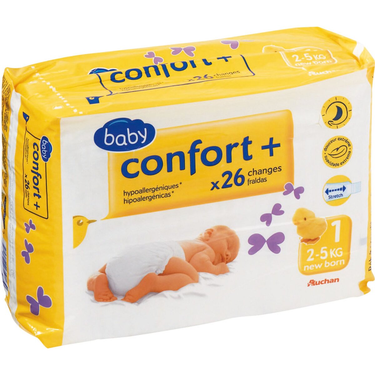 AUCHAN BABY Lot de 6, Confort + Couches Single New Born Standard T1 (2-5 kg) X26